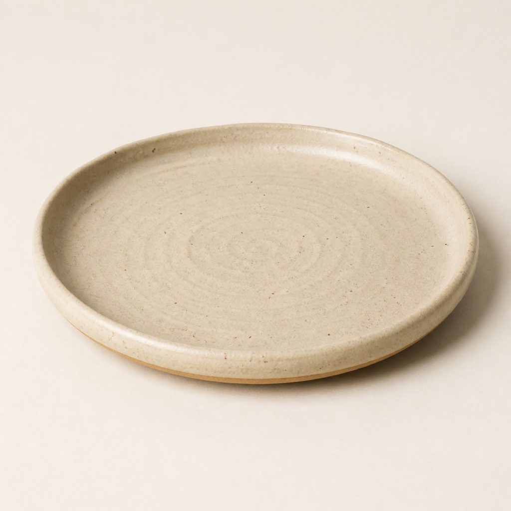 A speckled cream stoneware dinner plate with a hand-thrown rim